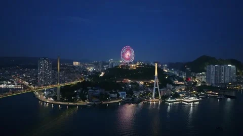Aerial Night View of Ha Long City and Ferris Wheel in Quang Ninh, Vietnam Stock-Footage 342688980