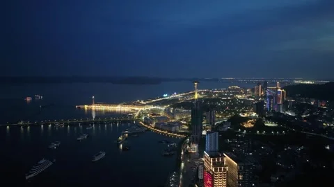 Aerial Night View of Ha Long Bay and Quang Ninh City, Vietnam Stock Footage 342689200
