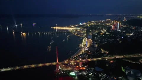 Aerial night view of Ha Long Bay and coastal city in Quang Ninh, Vietnam Stockbeeldmateriaal 342689677