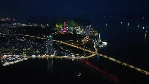 Aerial Night View of Ha Long Waterfront and Illuminated Cityscape, Quang Ninh, V Vidéo 342689799