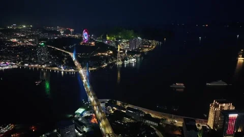Aerial Night View of Ha Long Bay and Illuminated Coastal City in Quang Ninh, Vie Stock Footage 342689840