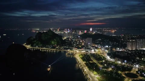 Aerial Night View of Ha Long City and Quang Ninh Waterfront in Vietnam Stock-Footage 342691379