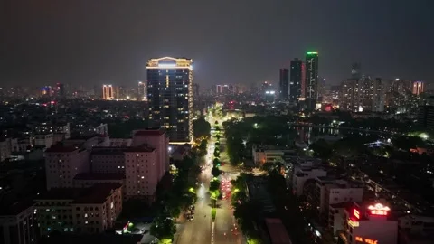 Aerial Night View of Hanoi Ring Road 2.7 Beside Nghia Do Lake, Vietnam Stock Footage 341994348