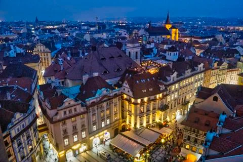 Aerial night view of the historic Prague town square Stock Photos