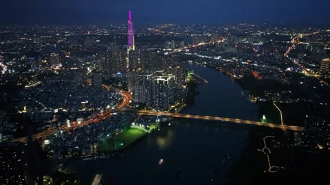 Aerial Night View of Ho Chi Minh City and Landmark 81, Vietnam Stock Footage 340973357