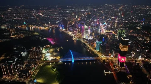 Aerial Night View of Ho Chi Minh City and Illuminated Ba Son Bridge Stock Footage 340973586