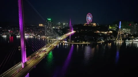 Aerial Night View of Illuminated Bridge and Ferris Wheel in Ha Long, Quang Ninh, Stock Footage 342689828
