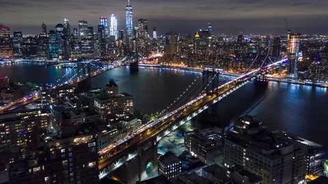 Aerial night view of Manhattan, New York City. Tall buildings. Timelapse Stock Footage