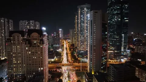 Aerial Night View of Me Tri and Pham Hung Intersection in Hanoi, Vietnam Stock-Footage 344743210
