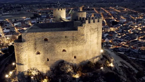 Aerial night view of the medieval castle of Castalla, Spain. Stock Footage 166367357