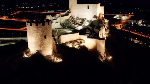 Aerial night view of the medieval castle of Castalla, Spain. Stock Footage 166368803