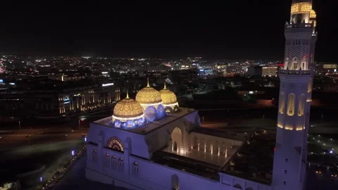 Aerial Night View of Mohammed Al Ameen Mosque Muscat Oman Stock Footage 345547522