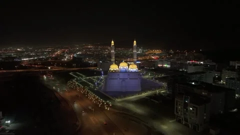 Aerial Night View of Mohammed Al Ameen Mosque Muscat Oman Stock Footage 345547523
