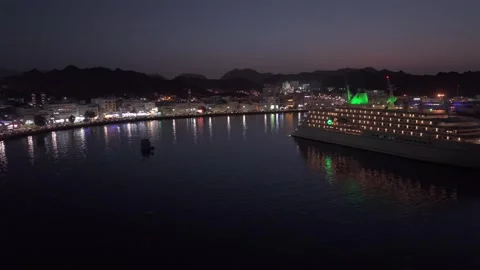 Aerial Night View of Mutrah Corniche Muscat Oman Waterfront and City Lights Stock Footage 345547520