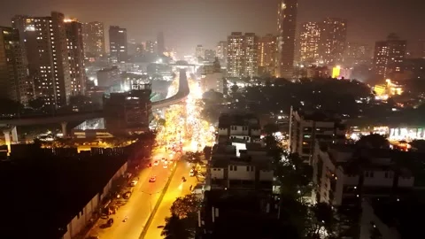 Aerial night view network of brightly lit city streets Stock Footage 300967416