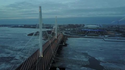 Aerial Night View: New cable-stayed bridge and Modern Arena in winter night, SPb Stock Footage 71104662