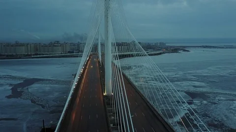 Aerial Night View: New cable-stayed bridge bird's-eye view in winter night, SPb Stock Footage 71106012