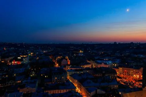 Aerial night view of the old town of Lviv in Ukraine. Lvov cityscape Stock Photos