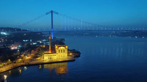 Aerial night view of Ortakoy Mosque in Istanbul Video stock 145241570