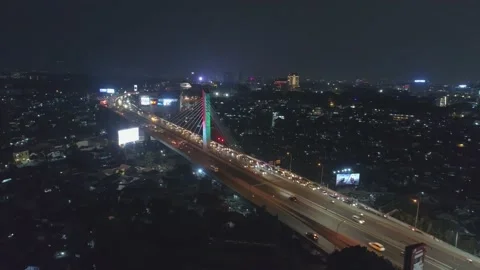 Aerial Night View of Pasupati Cable Stayed / Suspension Bridge, Bandung Video stock 132306615