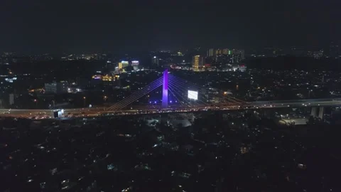 Aerial Night View of Pasupati Cable Stayed / Suspension Bridge, Bandung Video stock 132306652