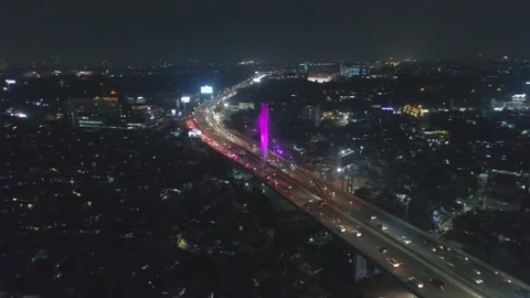 Aerial Night View of Pasupati Cable Stayed / Suspension Bridge, Bandung Stock-Footage 132306780