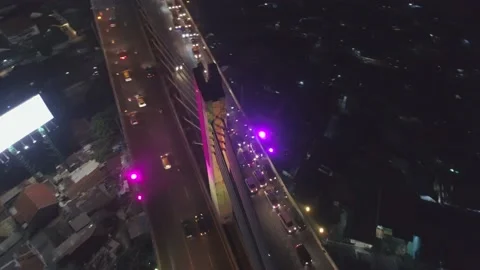 Aerial Night View of Pasupati Cable Stayed / Suspension Bridge, Bandung Stock-Footage 132307733