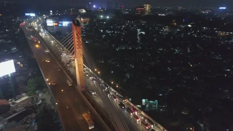 Aerial Night View of Pasupati Cable Stayed / Suspension Bridge, Bandung Stock-Footage 132307779