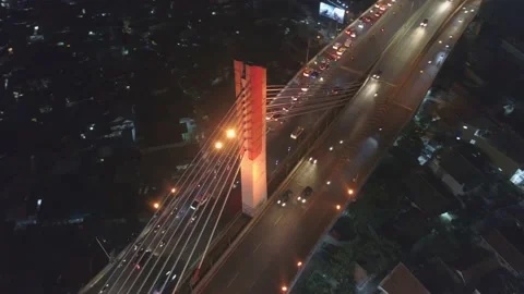 Aerial Night View of Pasupati Cable Stayed / Suspension Bridge, Bandung Stock-Footage 132307984