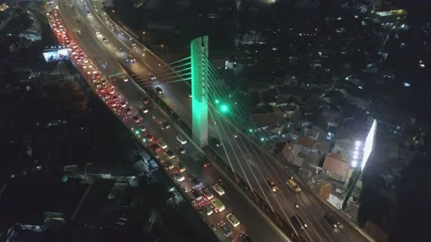 Aerial Night View of Pasupati Cable Stayed / Suspension Bridge, Bandung Stock-Footage 132308732