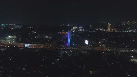 Aerial Night View of Pasupati Cable Stayed / Suspension Bridge, Bandung Stock-Footage 132309238