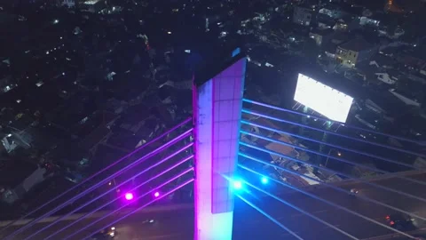 Aerial Night View of Pasupati Cable Stayed / Suspension Bridge, Bandung Stock-Footage 132309408