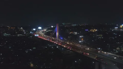 Aerial Night View of Pasupati Cable Stayed / Suspension Bridge, Bandung Stock-Footage 132309563
