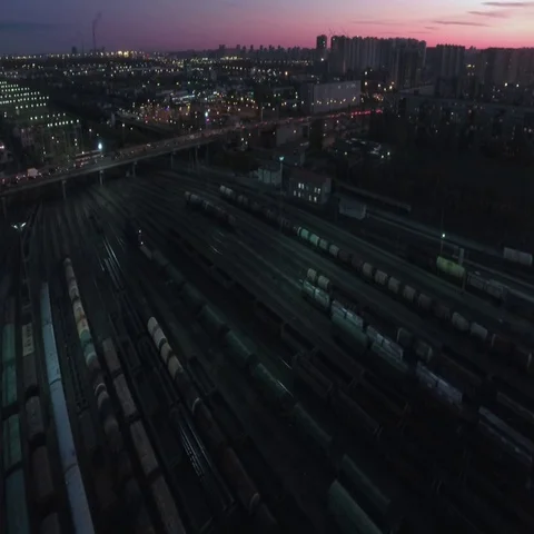 Aerial night view of railway interchange Stock Footage 69284100