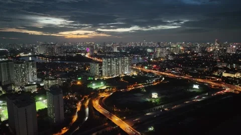 Aerial Night View of Ring Road 3 Interchange with Phap Van Expressway in Hanoi, Stockbeeldmateriaal 344743016