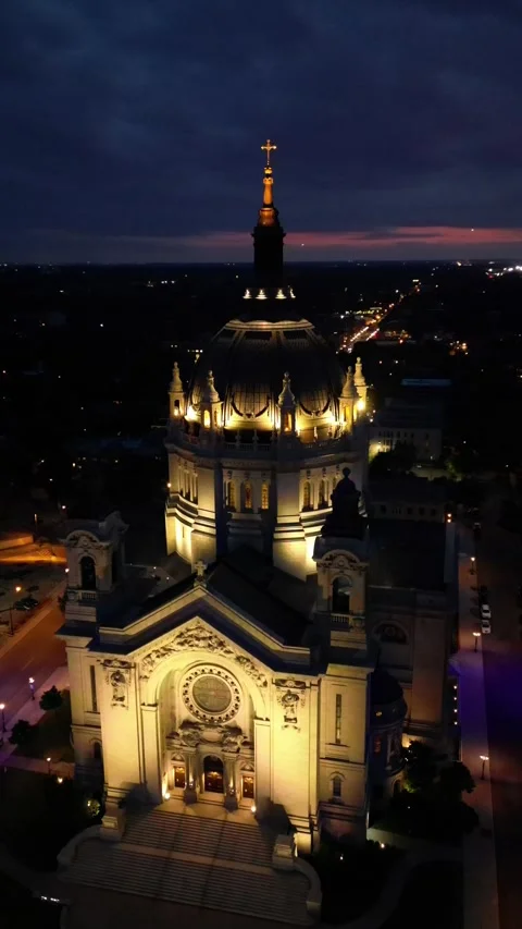 Aerial Night View of Saint Paul Cathedral and Downtown Skyline Minnesota USA Stock Footage 333538686