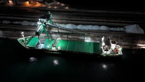 Aerial night view of salt loading ship at industrial port Vídeos de archivo 340338767