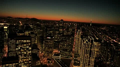 Aerial night view of skyscrapers downtown San Francisco, USA Stock Footage