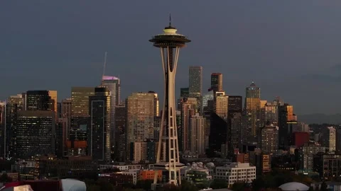 Aerial night view of space needle tower in Seattle United states 스톡 동영상 330857586