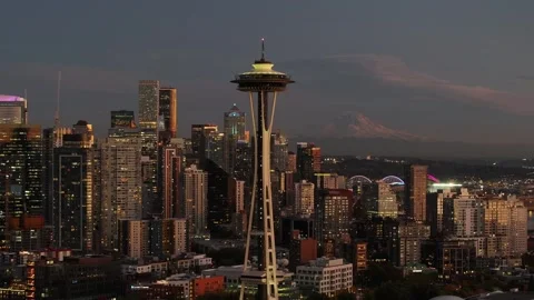 Aerial night view of space needle tower in Seattle United states 스톡 동영상 330858396