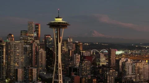 Aerial night view of space needle tower in Seattle United states Stock Footage 330858398