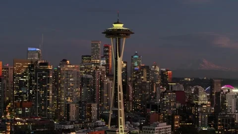 Aerial night view of space needle tower in Seattle United states 스톡 동영상 330858441