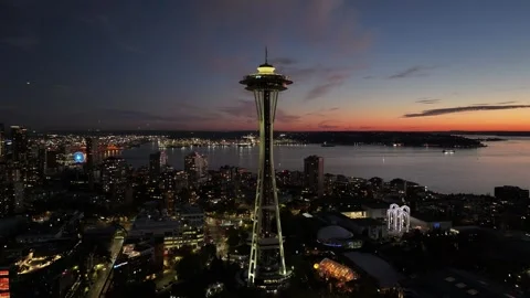 Aerial night view of space needle tower in Seattle United states 스톡 동영상 330858809