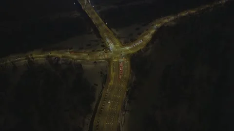 Aerial night view of Y intersection by Vistula River, Warsaw Stock Footage 328960595