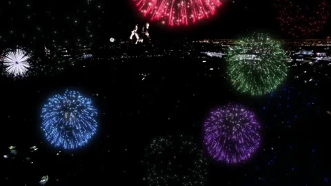 Aerial nighttime fireworks display exploding over cityscape horizon during Stock Footage 340611241
