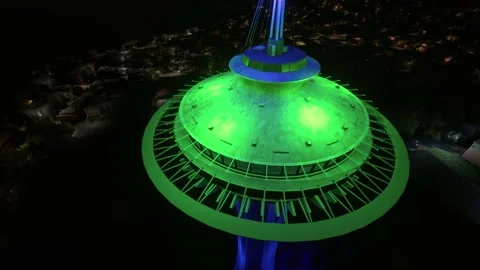 Aerial nighttime view of the Space Needle is an observation tower 4k animation Stock Footage 164649982