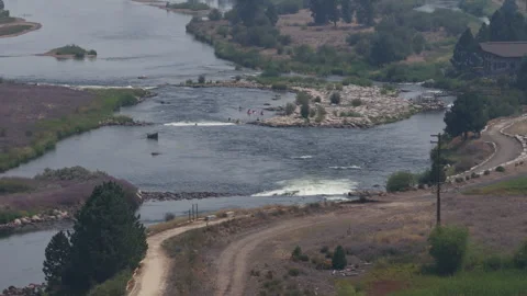 Aerial of North Fork Payette River recreation and water park in Cascade Idaho Stock Footage 341828895