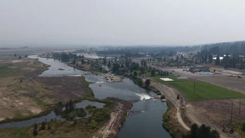 Aerial of North Fork Payette River Valley in Cascade Idaho with river recreation Stock Footage 341829131