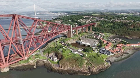 Aerial, North Queensferry and Forth Rail Bridge, Scotland Stock Footage 313993978
