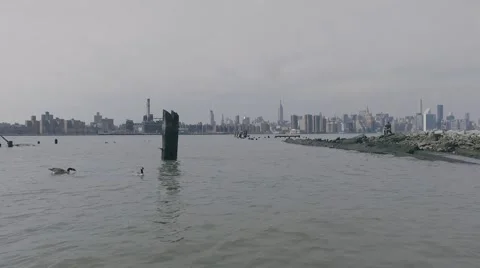 Aerial NYC Skyline from East River Stock Footage